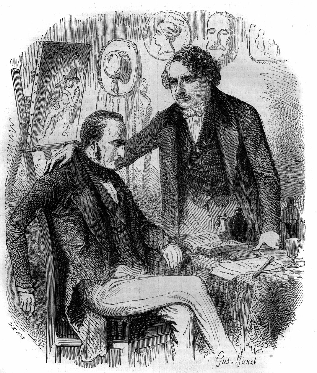 Nicephore Niepce (1765-1833) a Louis Daguerre (1787-1851), francouzští vynálezci, průkopníci fotografie. Rytina z roku 1852. od French School