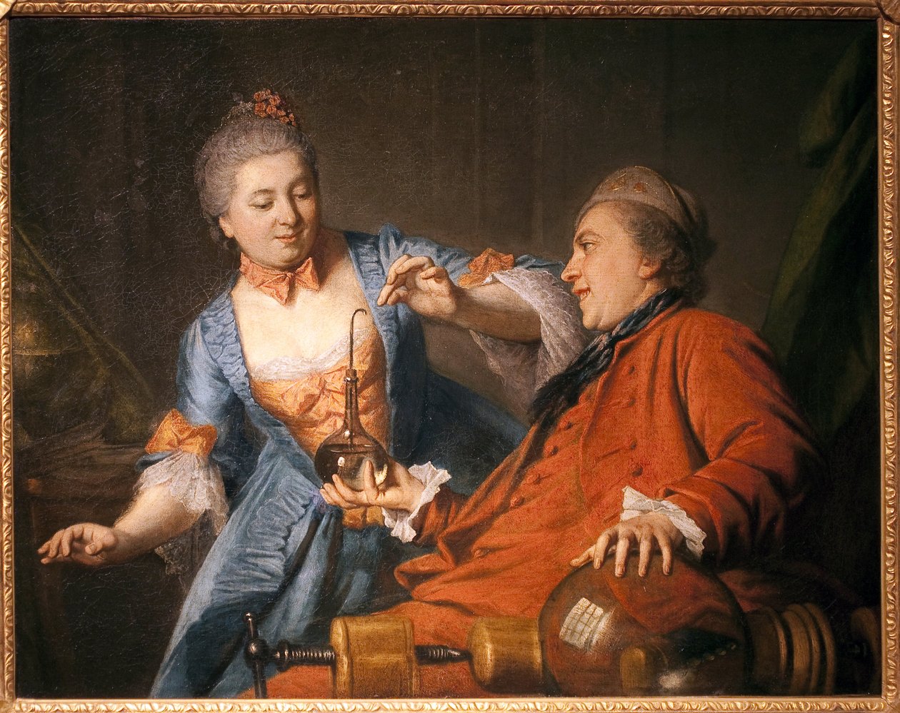 Nicolas Bergeat (1733-1815) a Madame de Maisoncel provádějící experiment ve fyzice. Malba anonymního remoise, olej na plátně od French School