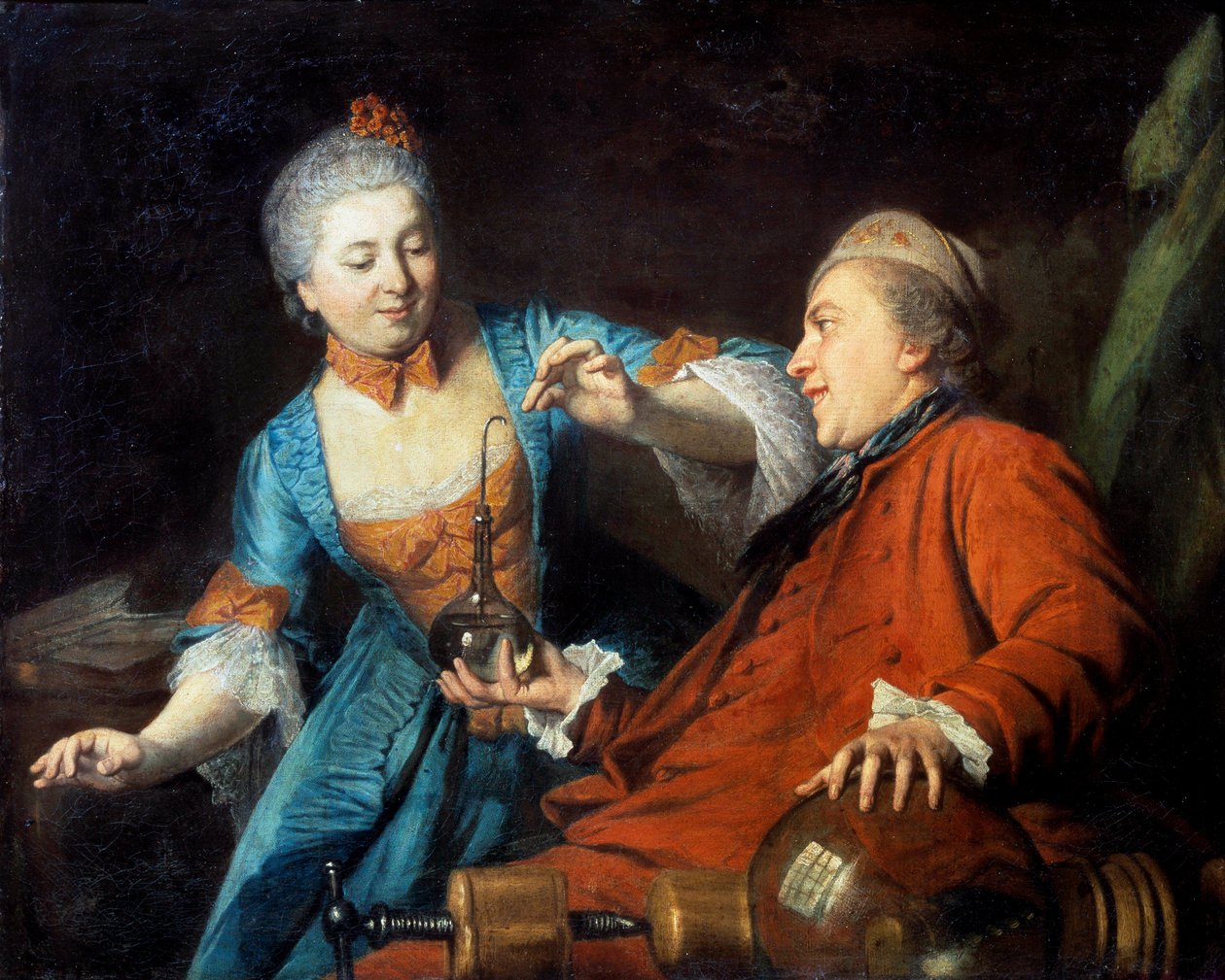 Nicolas Bergeat (1733-1815) a Madame de Maisoncel provádějí experiment ve fyzice Anonymní malířství francouzské školy. 1770. Remeš, Muzeum výtvarných umění od French School