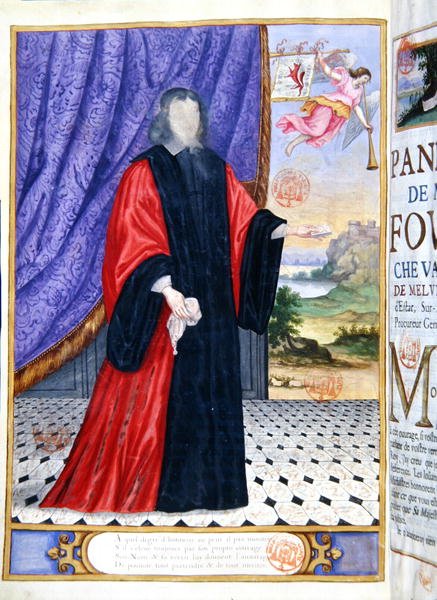 Nicolas Fouquet (1615-80) miniaturní ilustrace z „Les Panegyriques des Hommes Illustres de Notre Siecle“ od Puget de la Serre od French School