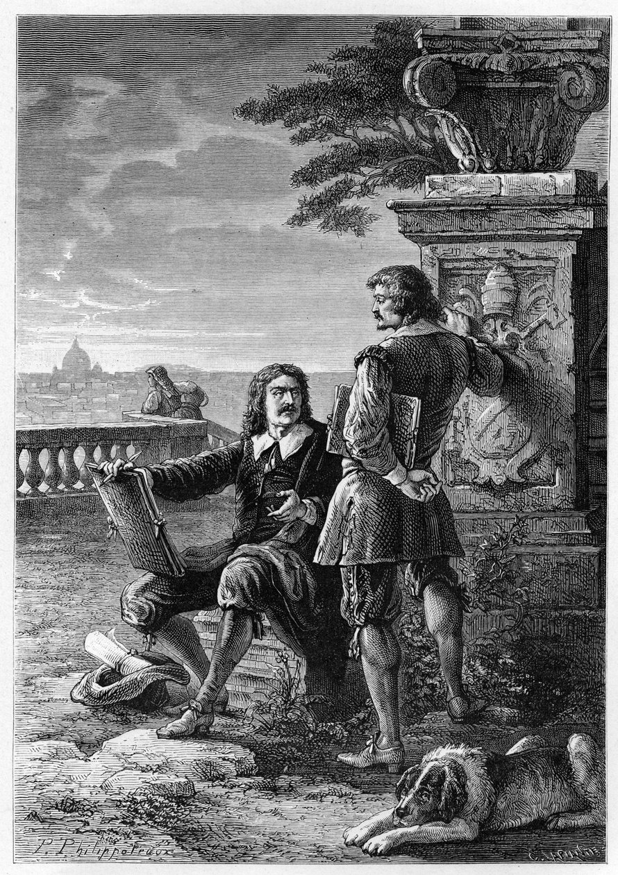 Nicolas Poussin (1594-1665), francouzský malíř, s Claudem Gellee, dit le Lorrain (1600-1682) v Římě (Trinita dei Monti), rytina z „“ Historie Francie vyprávěná mým vnoučatům“““ - od Francoise Guizota - 1872-1876 od French School