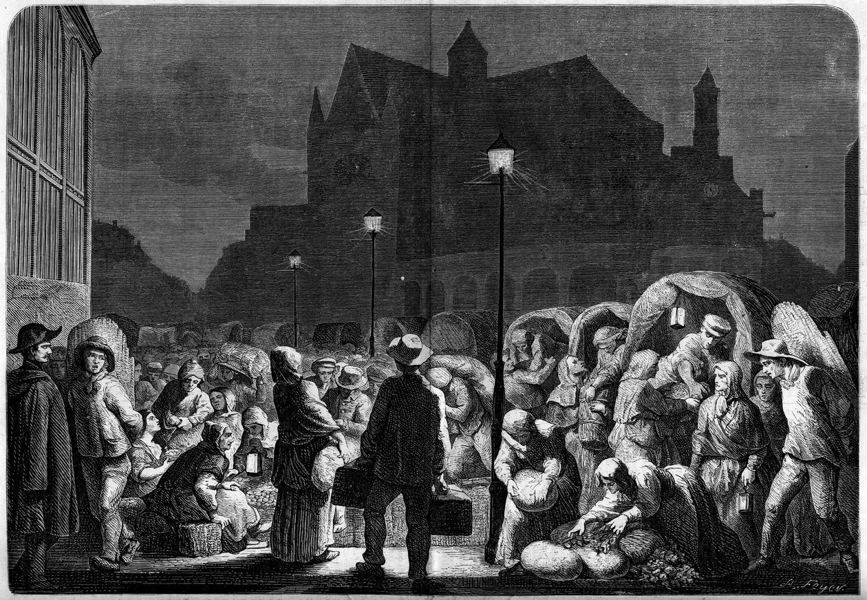 Noční zásobování pařížských sálů, poblíž kostela Saint Eustache od French School