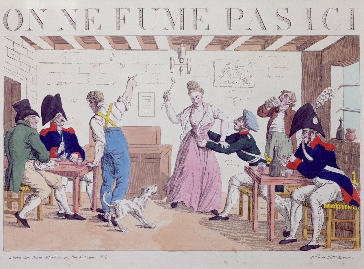 Karikatura Zákaz kouření proti přítomnosti spojeneckých vojsk v Paříži, 1815 (barevná rytina) od French School