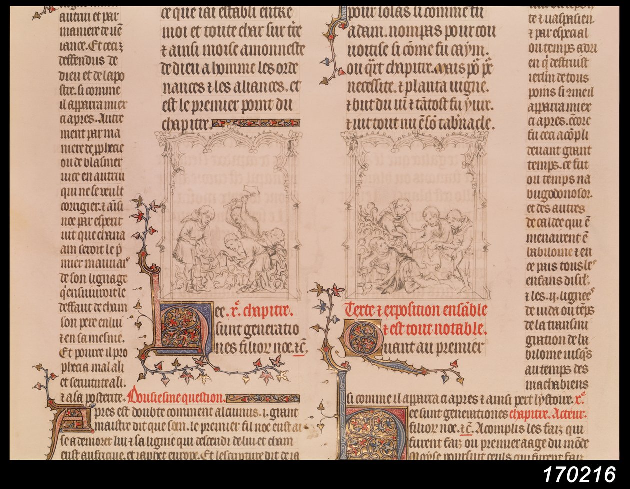 Noe in the Vineyard and the Drunkenness of Noe, from The Bible of Jean Sy, c.1355 od French School