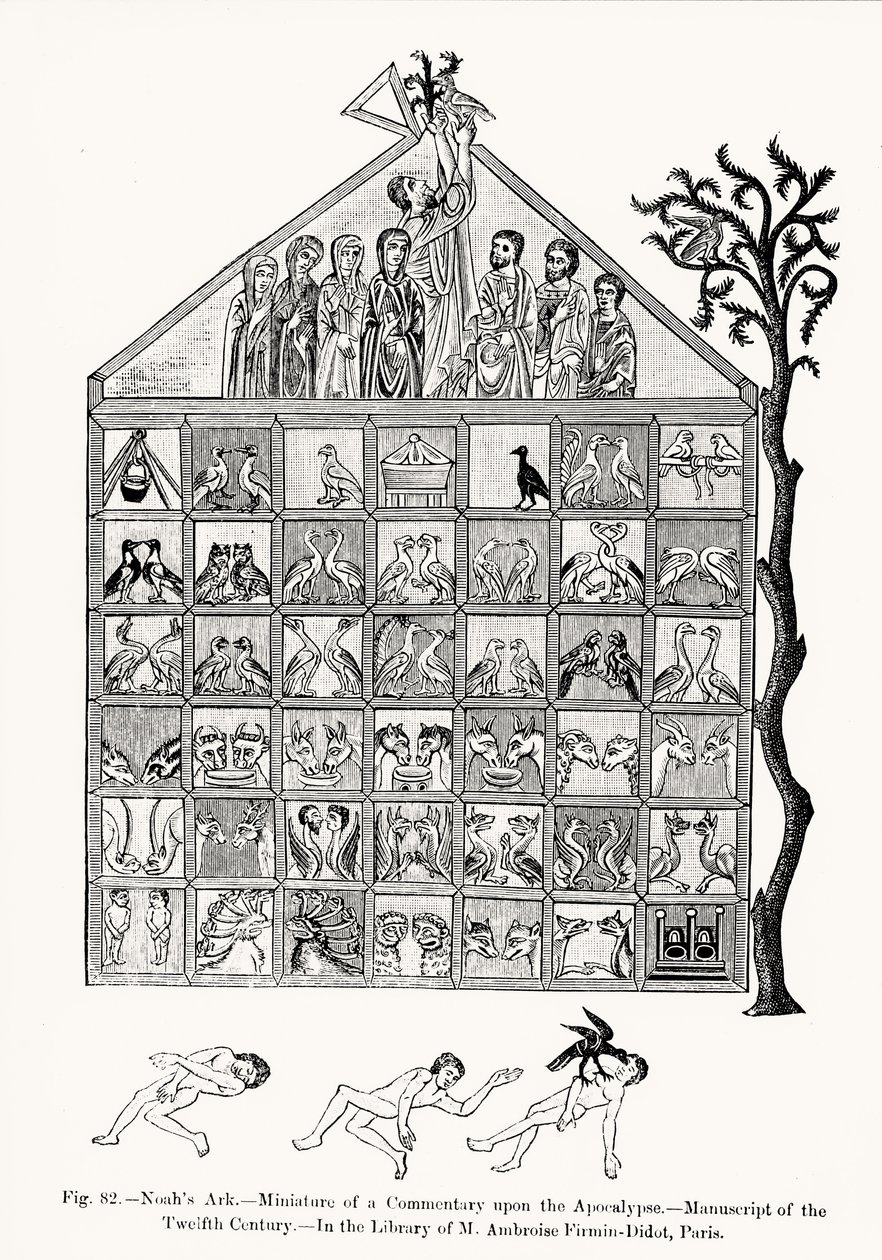 Noemova archa, miniatura z Komentáře k Apokalypse, ilustrace z Vědy a literatury ve středověku a renesanci, napsal a vyryl Paul Lacroix, 1878 (černobílá fotografie od French School