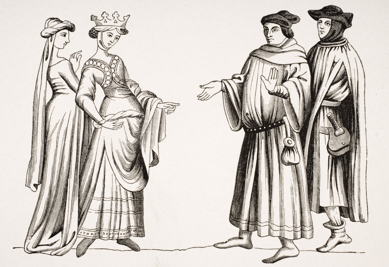 Vznešená dáma a ctihodná a dvě měšťanky, po miniaturě v „Merveilles du Monde“, z „Le Moyen Age et La Renaissance“ od Paula Lacroixe (1806-84) vydaného v roce 1847 od French School