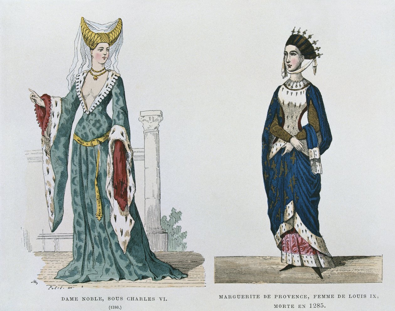 Šlechtična za vlády Karla VI., Marguerite de Provence, manželka Ludvíka IX., zemřelá v roce 1285, z civilních a vojenských kostýmů Francouzů v průběhu staletí od French School
