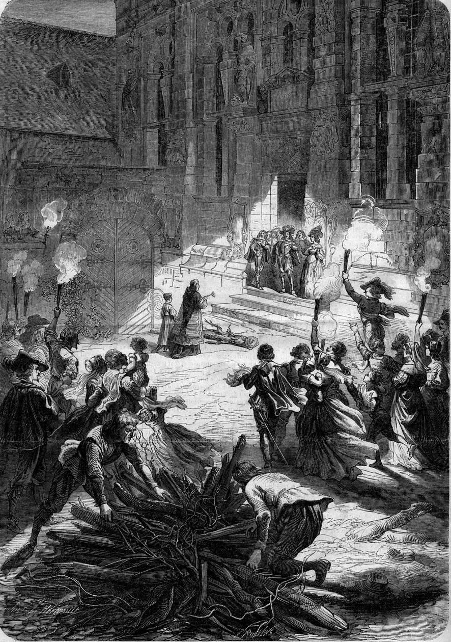 Noel ve Francii za Ludvíka XIII.: Pán stojí před dveřmi svého hradu, zatímco kněz posvěcuje buche, která musí přinést požehnání do obydlí. Na dvoře si sedláci zřídili řezníka. 17. století. Rytina v „“ Le Monde Ill od French School
