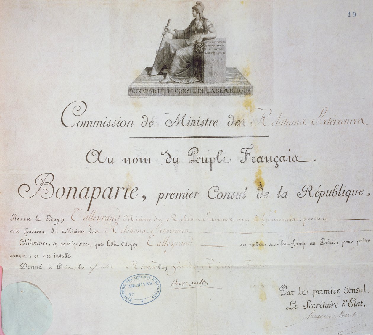 Nominace Charlese Maurice de Talleyrand-Perigord (1754-1838) do funkce ministra zahraničí, kolem roku 1797 od French School
