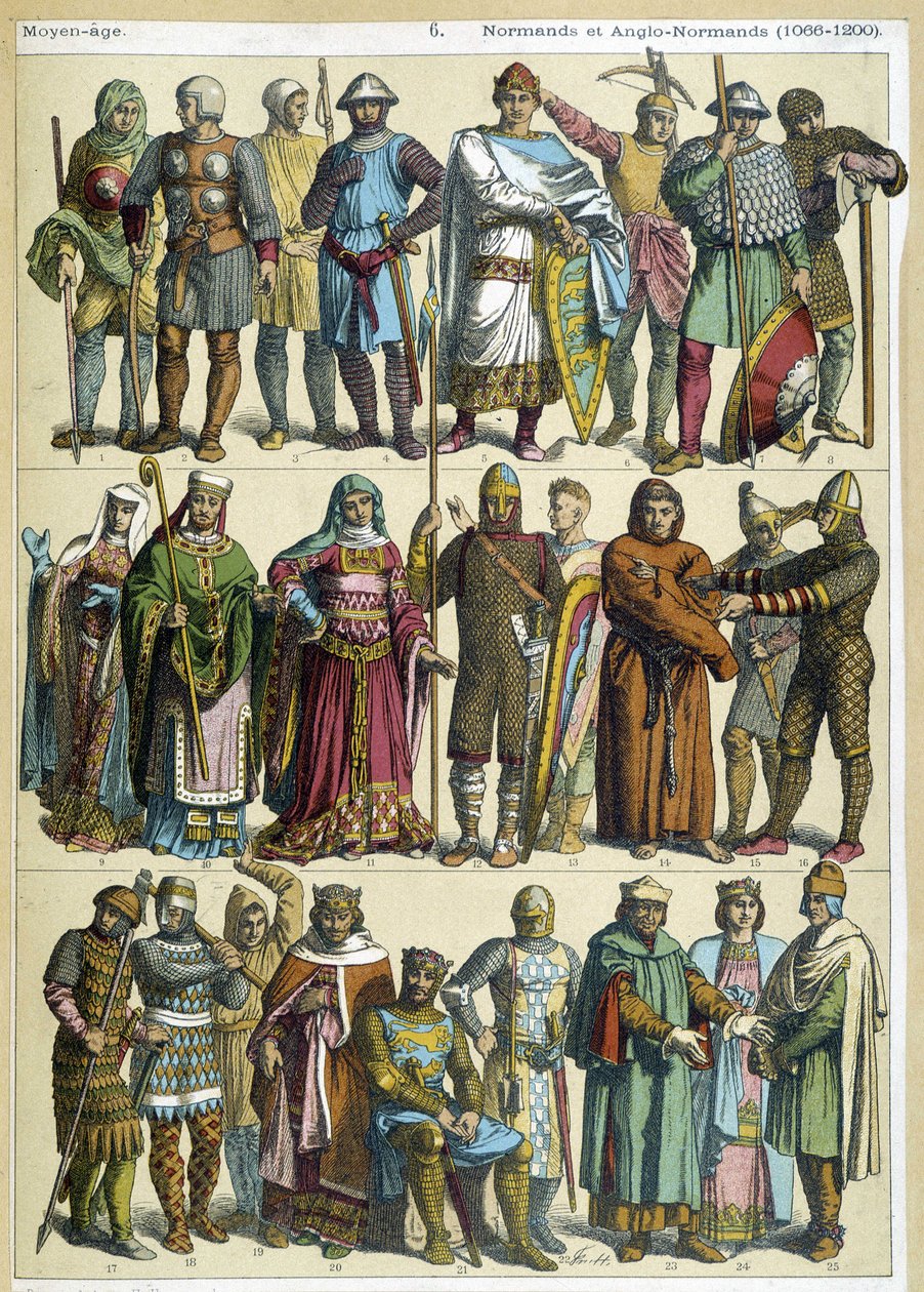 Normanské a anglo-normanské civilní, náboženské a válečnické kostýmy (1066-1200) - rytina od French School