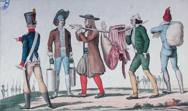 Normanští a bretonští rekruti nesoucí zásoby, ze série s názvem „První kroky vojenské kariéry“, počátek 19. století (barevná rytina) od French School