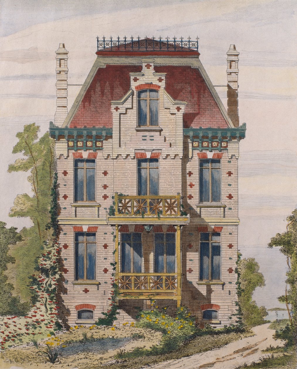Normanská vila ve Villers sur mer, Normandie, ilustrace z Le Moniteur des architectes, 1883 (barevná rytina) od French School