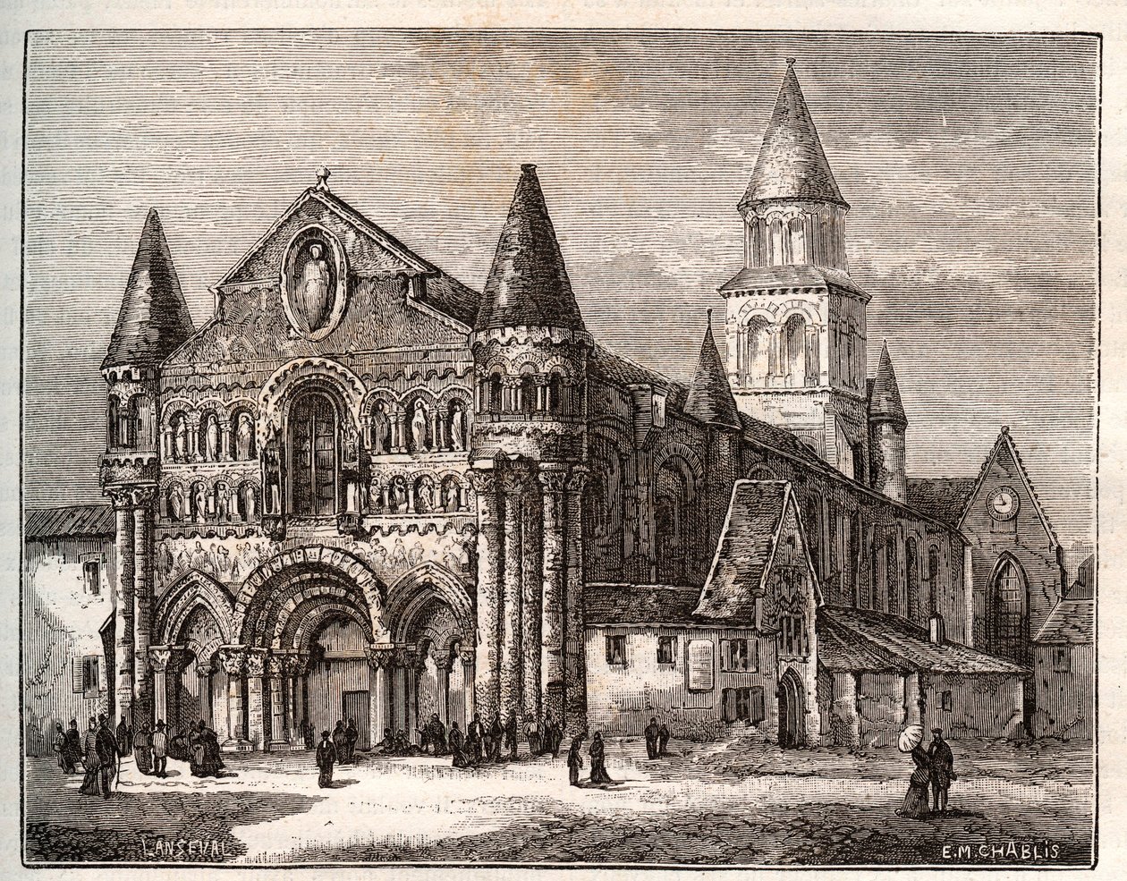Notre Dame (Notre-Dame) od Poitiers - rytina v „Francie ilustrovaná: geografie, historie, statistická správa“ od V.A. Malt-Brown. 1884 od French School