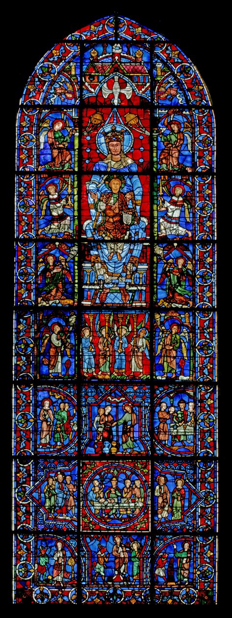 Notre Dame de la Belle Verriere; níže jsou scény svatby v Káně a Kristovo pokušení v poušti (w30a) od French School