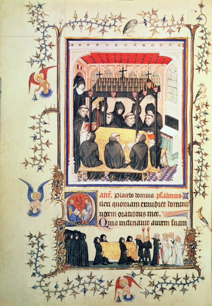Nouv Lat 3093 f.104 Mniši beroucí modlitby, z Tres Belles Heures de Notre Dame de Duc de Berry, kolem 1380 od French School