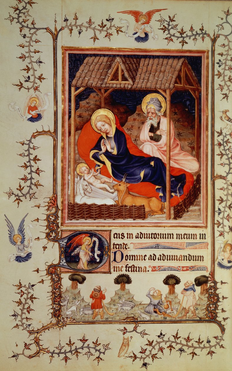 Nouv Lat 3093 f.42 Narození a návštěva pastýřů, z Tres Belle Heures vévody de Berry, zahájeno kolem roku 1382 od French School
