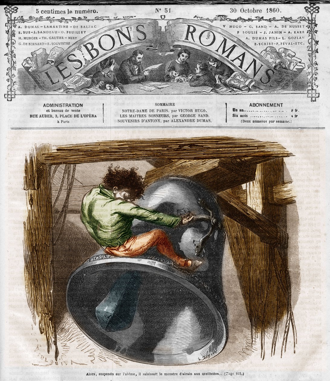 Série románů: „Notre Dame de Paris“ od Victora Huga (1802-1885). Quasimodo na zvonici. Rytina do „“Les bons romances““ od French School