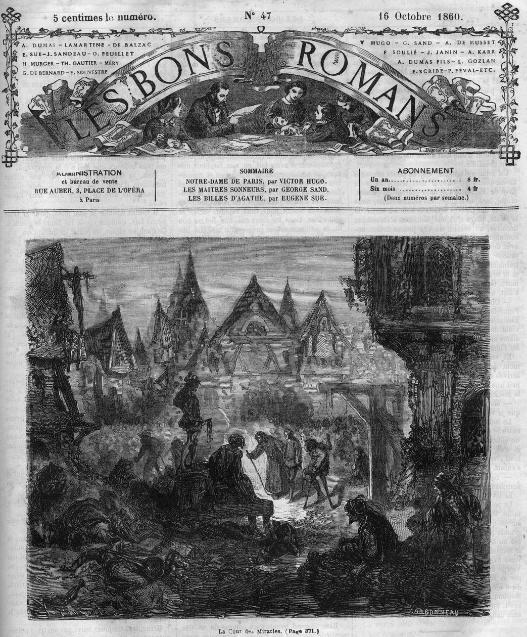 Série románů: „Notre Dame de Paris“ od Victora Huga (1802-1885). Soud zázraků. Rytina do „“Les bons romances““ od French School