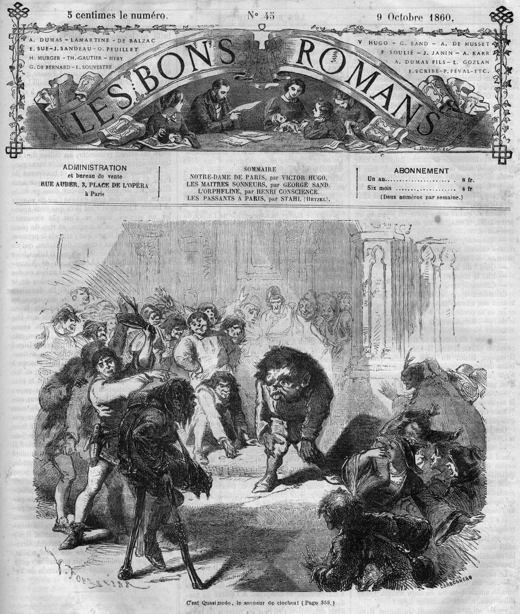 Série románů: „Notre Dame de Paris“ od Victora Huga (1802-1885). Davy se děsily a smály před Quasimodem, zvonícím zvonem. Rytina do „“Les bons romances““ od French School