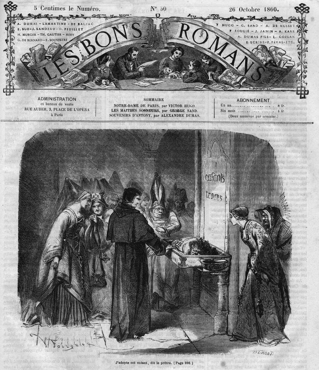 Série románů: „Notre Dame de Paris“ od Victora Huga (1802-1885). Kněz se rozhodne adoptovat Quasimoda. Rytina do „“Les bons romances““ od French School