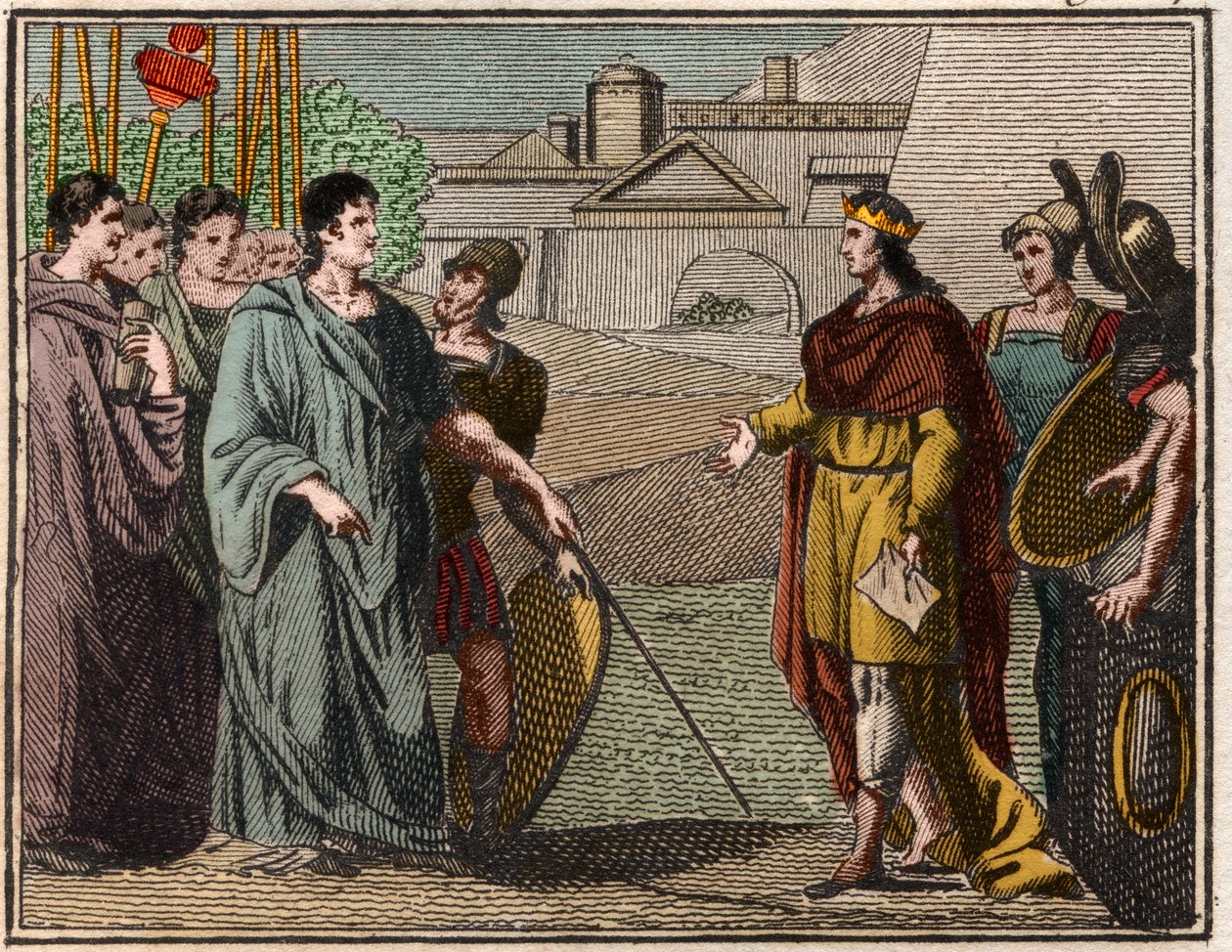 Numa Pompilius, legendární druhý král Říma, vrací posvátný štít kněžím Marsu. od French School