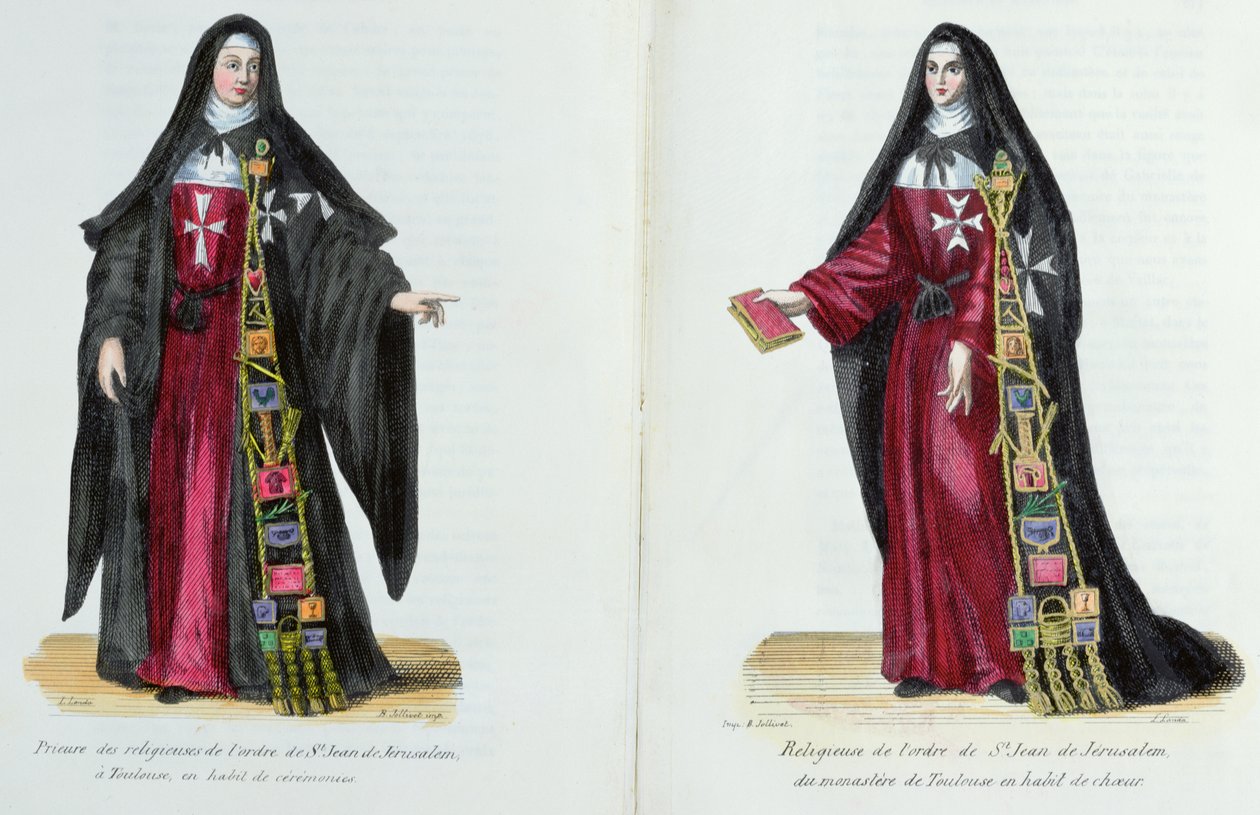 Jeptišky řádu svatého Jana Jeruzalémského, ilustrace z knihy Dějiny a kostýmy mnišských řádů od otce Helyota, 1842. od French School