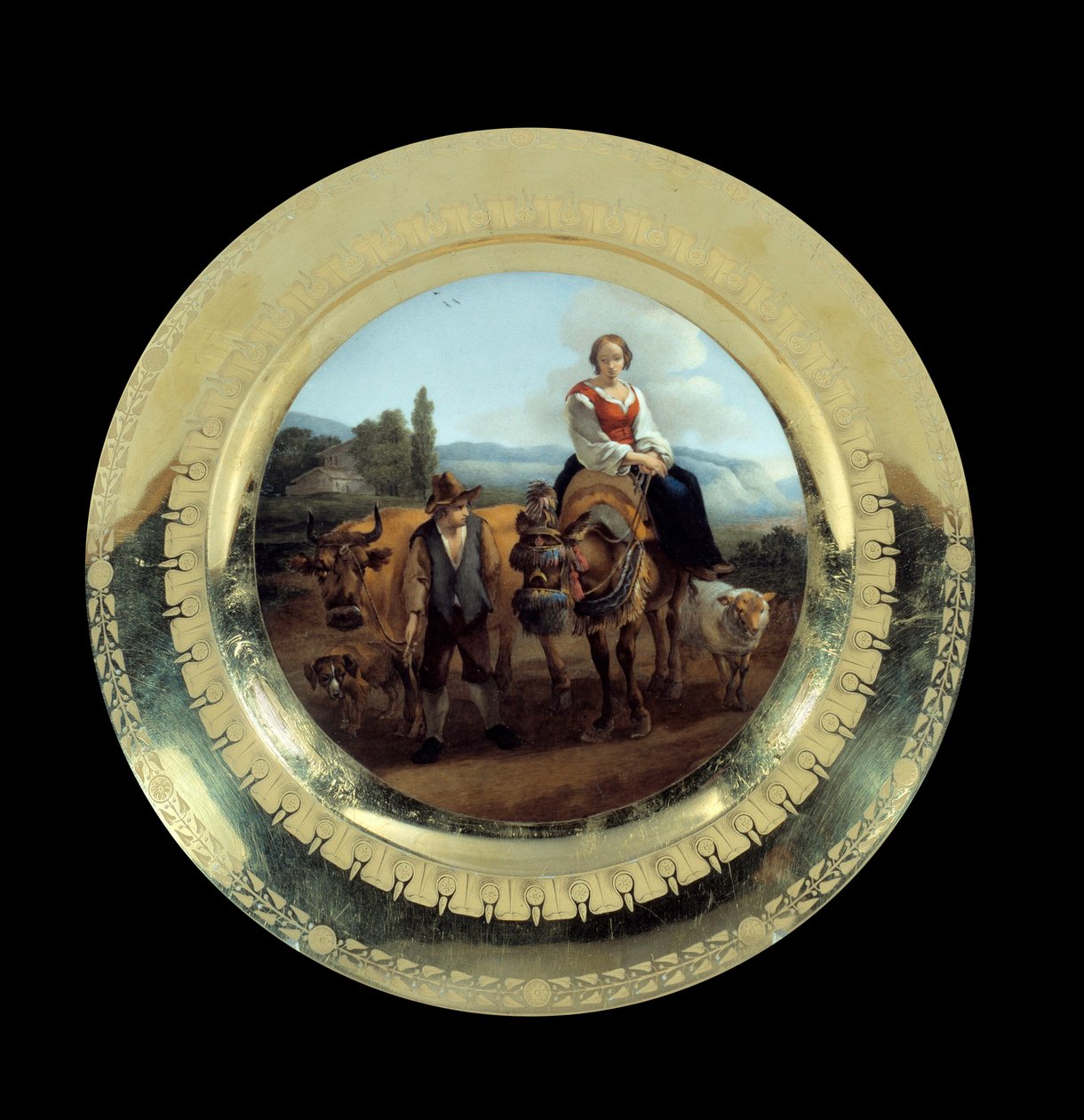 Objekty První říše: deska Služeb prince Evžena: Bergere v krajině poblíž Sieny. Realizováno v manufaktuře známé jako vévoda z Angouleme (1781-1828), Malmaison, Musee Du Chateau od French School