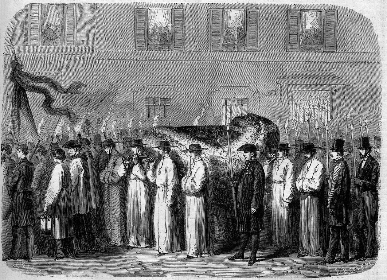 Obseques of Jean Baptiste (Giovanni Battista) Niccolini (1782-1861), 21. září 1861: pohřební konvoj vezoucí ostatky italského básníka v ulicích Florencie (Firenze), Itálie. Rytina v „“ Le Monde Illustré““ č. 234 z 5. října od French School
