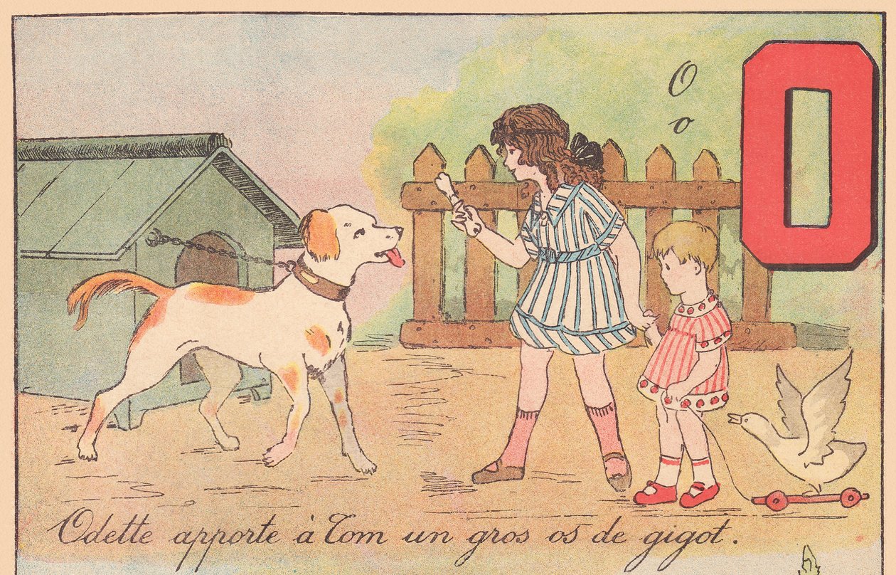Odette přináší Tomovi velkou kost z nohy., kolem roku 1920 (tisk) od French School