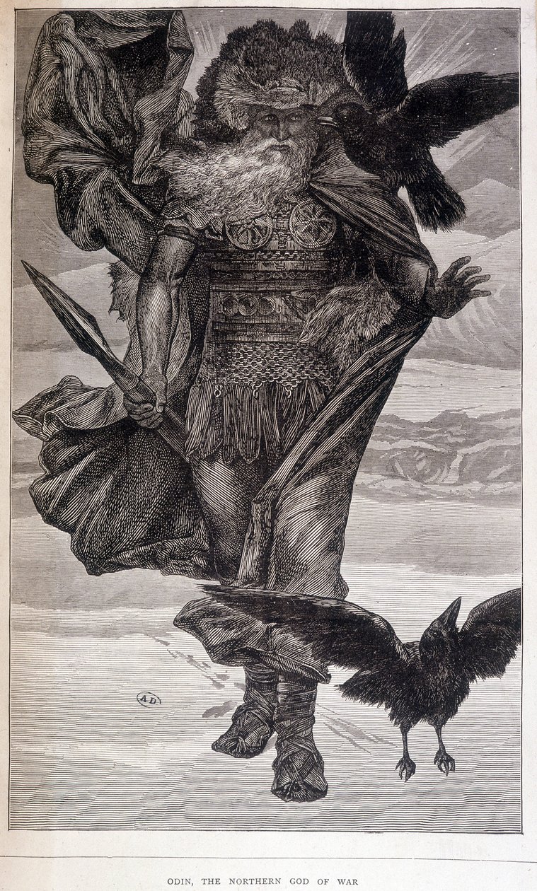 Odin, germánský bůh války a poezie - rytina od French School