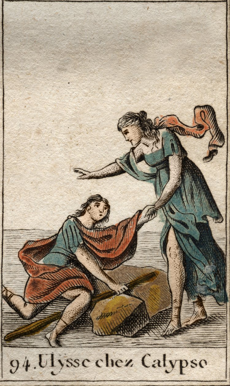 Odyssea z Homere: Ulysses shromážděný nymfou Calypso na svém ostrově. (Homérova Odyssea: Odysseus objevený nymfou Calypso na jejím ostrově) Z „Mythologie de la jeunesse“ od Pierra Blancharda 1803. od French School
