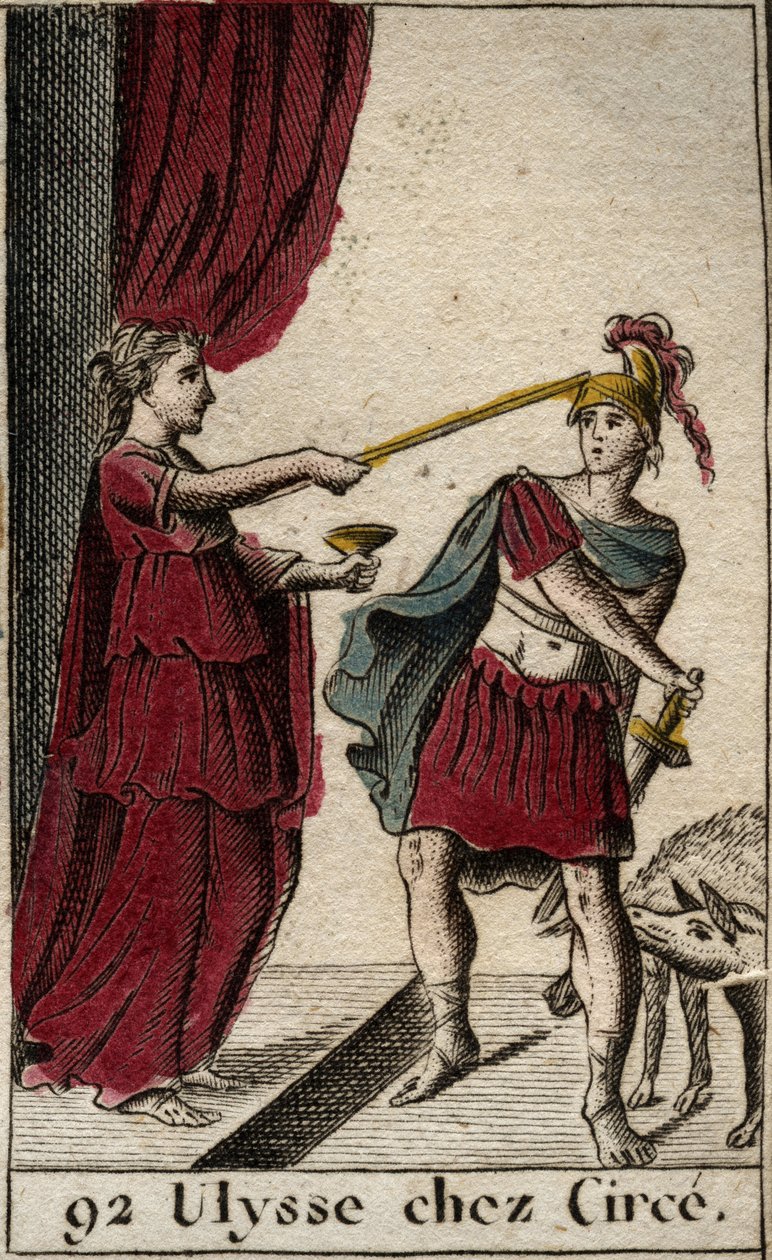 Odyssea z Homere: hrdinové Ulysses v Circe, kouzelník. Za ním se její společníci proměnili v prasata. (Homérova Odyssea: Odysseus v Circe čarodějnice. Za ním se jeho společníci proměnili ve vepře) Z „Mythologie de la jeunesse“ od Pierra Bl od French School
