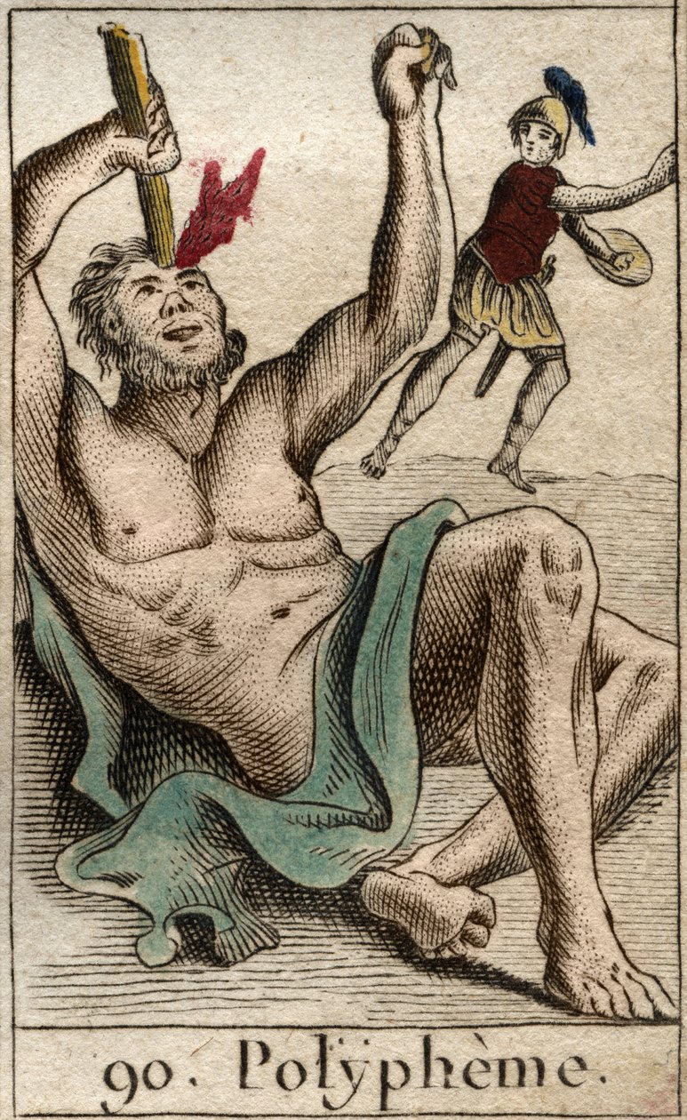 Odysseus (nebo Odysseus) oslepující kyklopa Polyféma, z "Mythologie de la Jeunesse" od Pierra Blancharda od French School