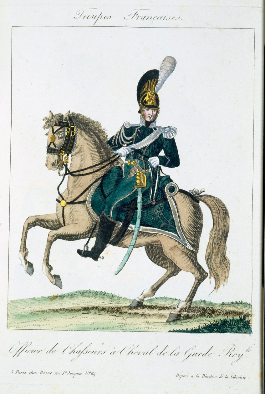Důstojník královské koňské gardy, z Troupes Francaises, hospoda. chez Basset, Paříž, kolem roku 1790 od French School