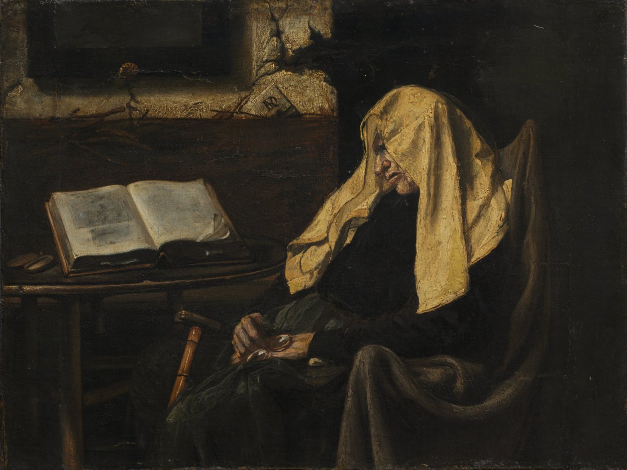 Vanha nainen unessa, 1800-luvun puoliväli (öljy kankaalle) od French School