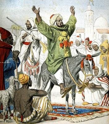 Omar Zarahun, uchazeč o trůn v Maroku, káže svatou válku, ilustrace na obálce Le Petit Journal, 23. listopadu 1902 od French School
