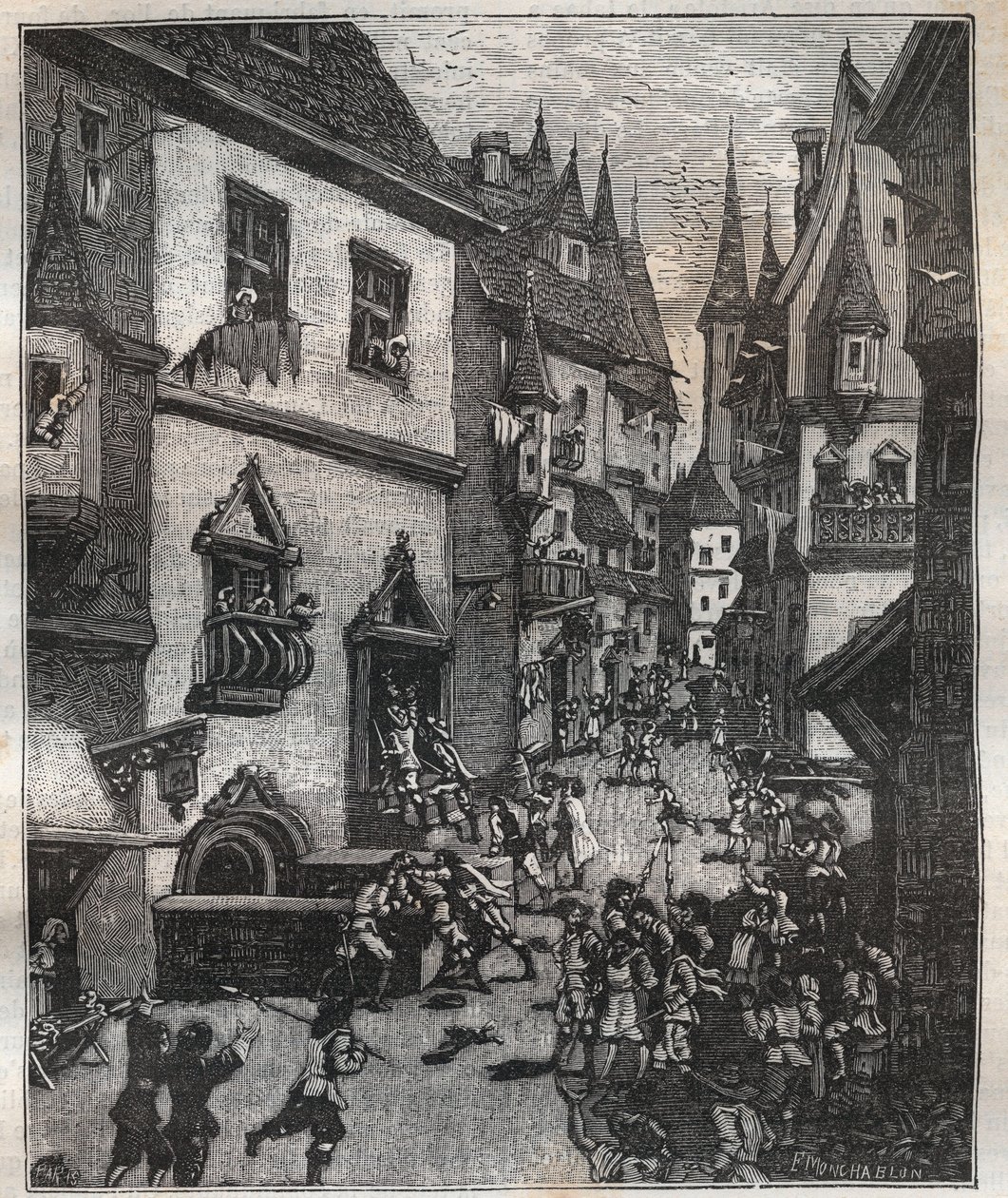května 1636 bylo v rue Champfleuri zatčeno osm padělatelů dvěma policejními komisaři doprovázenými tuctem seržantů – v „Paris a travers les siecles““ Nicolas Jules Henri Gourdon de Genouillac (1826-1898) od French School