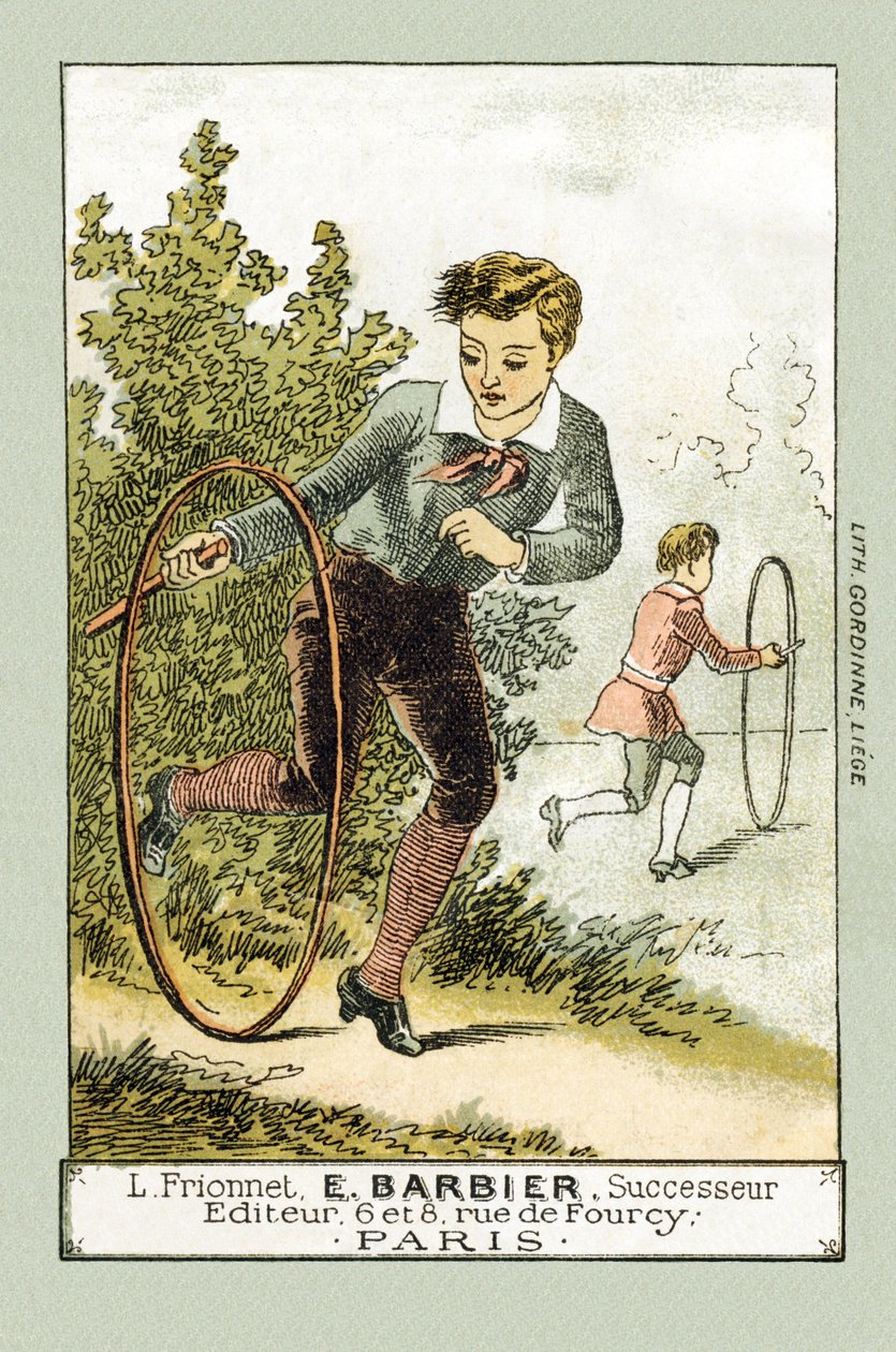 Ve dnech conge hrají Leon a Lucien na obruč – v „Alphabet des petits savants“, konec 19. století (chromolitograf) od French School