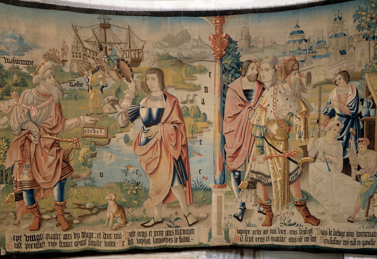 Vlevo Samothes (nebo Samote), první král Galů, žezlo v ruce a abecedu (byl by vynálezcem písmen), dole loď a krajiny Galie, Středomoří, Rhony a oceán, vpravo keltský Jupiter s od French School