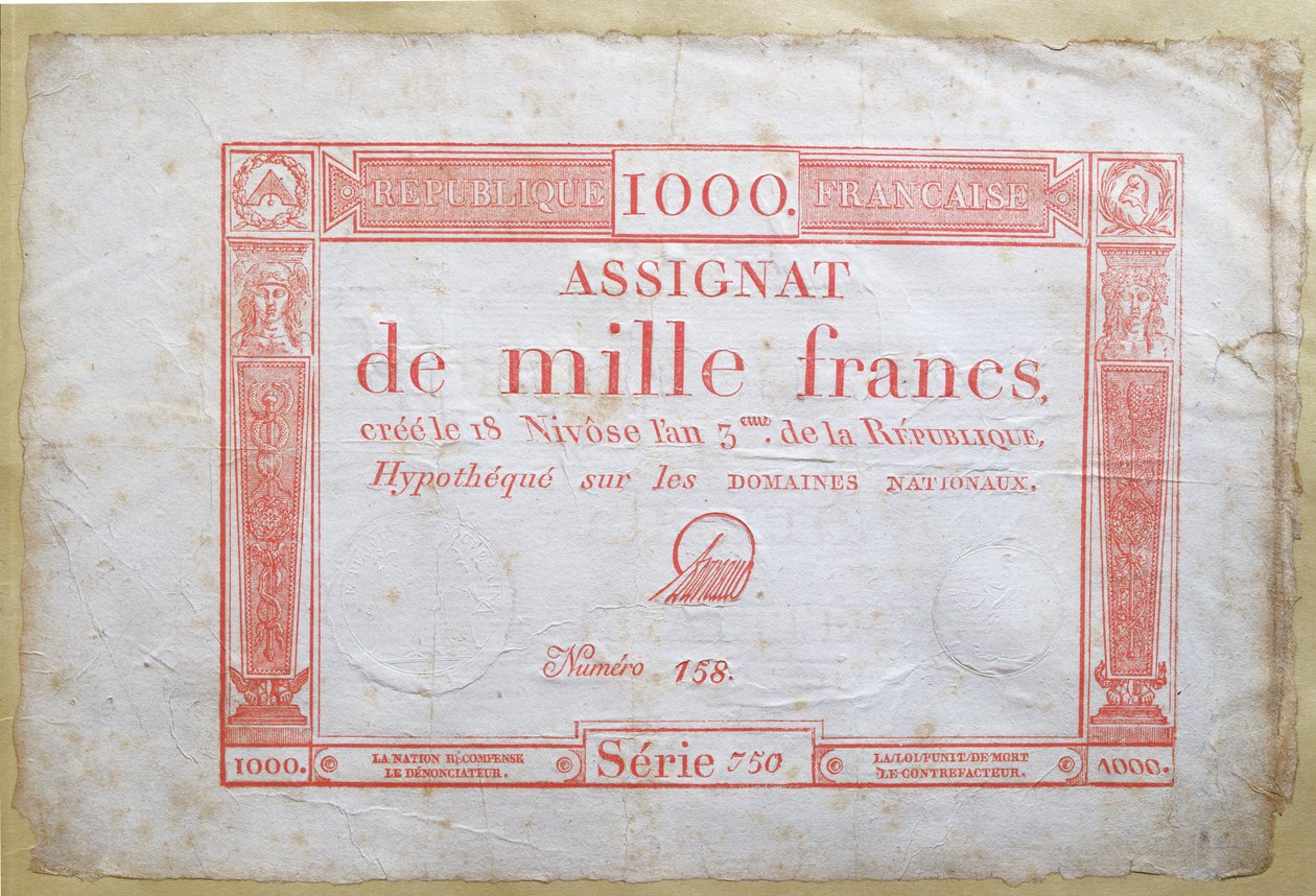 Bankovka tisíc franků, 1795 (inkoust na papíře) od French School