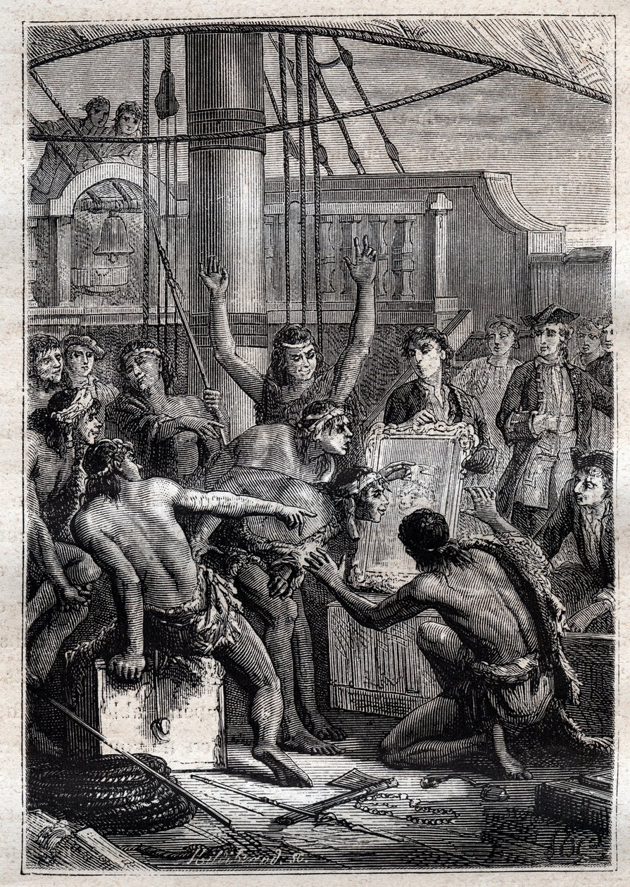 Pouze zrcadlo mělo dar vzbudit jejich úžas: Cesta Samuela Wallise (1728-1795) v Polynésii - indigenes etonnes u zrcadla - ilustrace převzata z „Velkých námořníků 18. století“ od French School