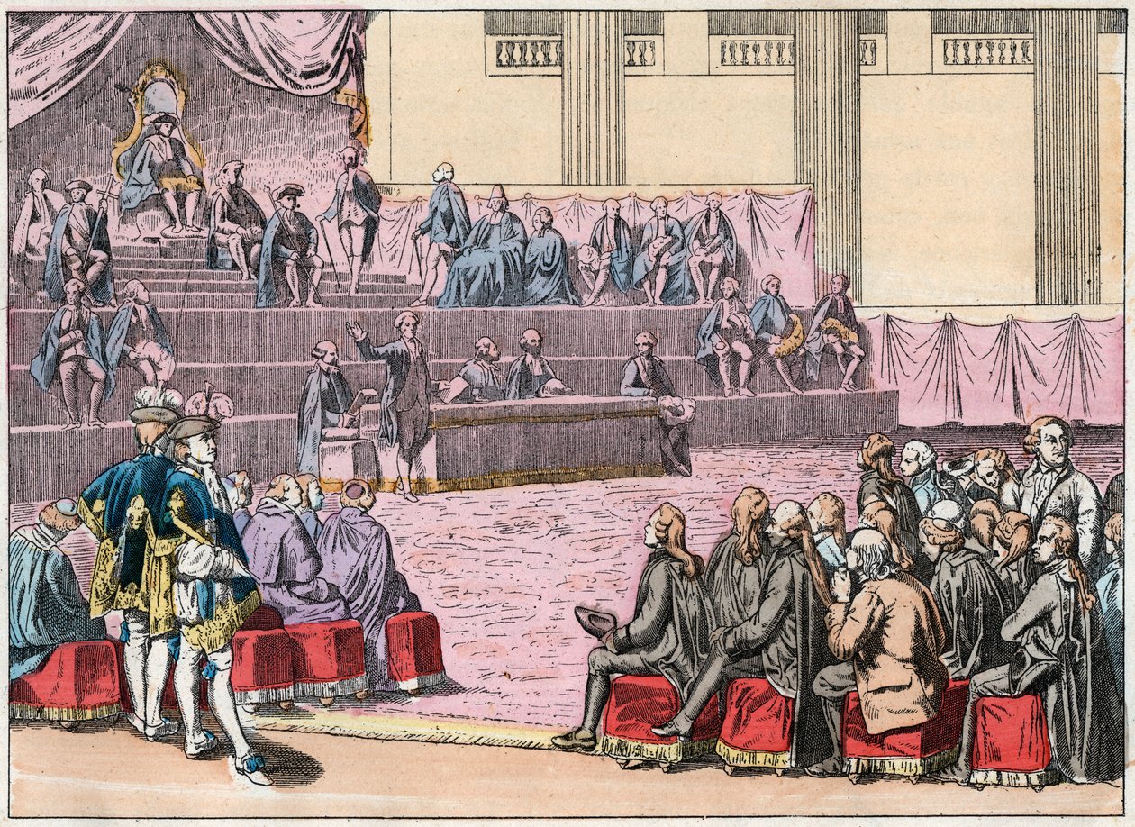 Otevření generálního stavovského úřadu ve Versailles dne 5. května 1789 sdružujícího tři řády (klerikál, šlechta a třetí stav) - otevření generálního stavovského úřadu, 5. května 1789 - rytina konce 19. století v „“ č. Gires Nationales od French School