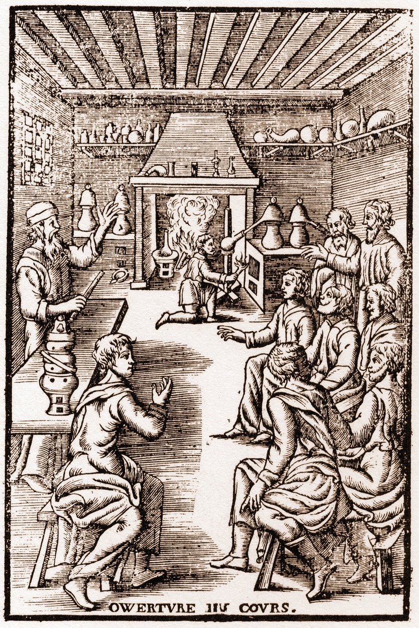 Zahájení kurzu transmutační chemie - rytina 1653 v „“ LE VRAY ET METHOD COURSES DE PHYSICS RESOLUTIVE““ od Annibala Barleta od French School