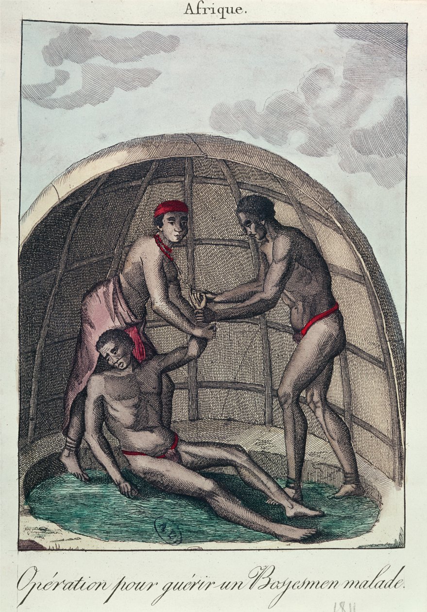 Operace k uzdravení nemocného Bushmana, 1811 (barevná rytina) od French School