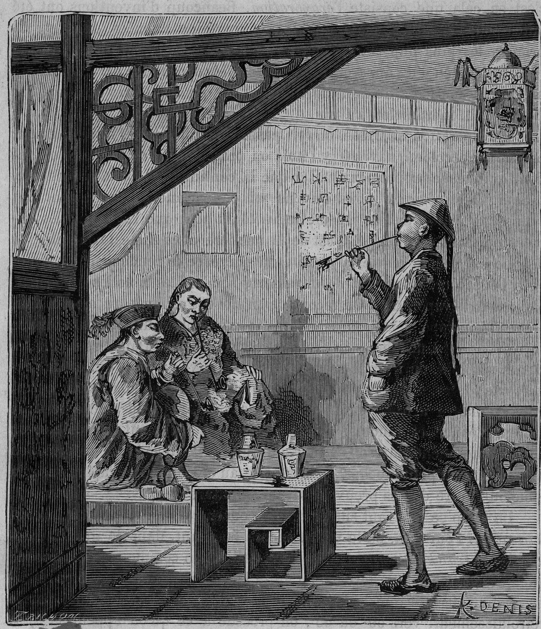 Kuřáci opia v Číně v 19. století - Čínští kuřáci opia - Rytí do "" Vědy dostupné všem - Populární fyzika a chemie"" od Alexise Clerca - Konec 19. století - Soukromá sbírka od French School