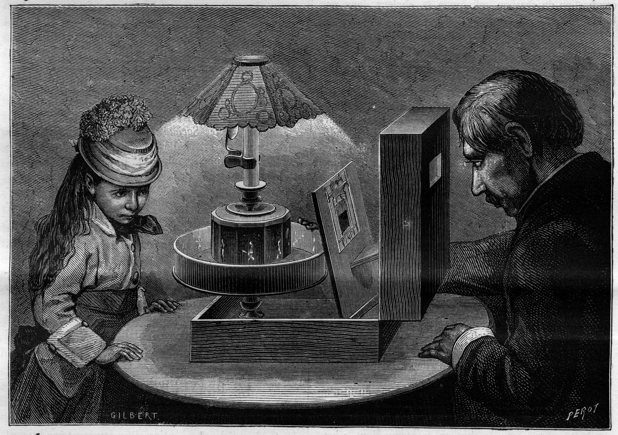 Optická iluze: divadlo praxinoskop, přístroj vynalezený Emilem Reynaudem (1844-1918). Gravírování v "" přírodě. Přehled vědy a jejích aplikací v umění a průmyslu. od French School