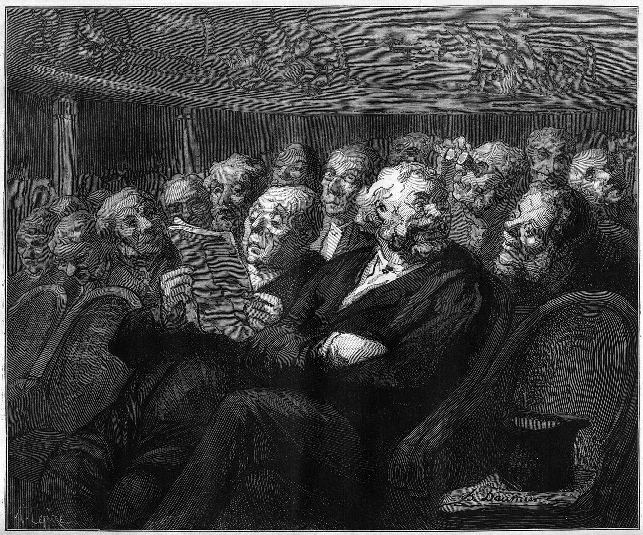 Orchestrální židle. Kreslený film Honore Daumier (1808-1879). Rytina v „“The Illustrated World““ č. 1101 ze 4. května od French School