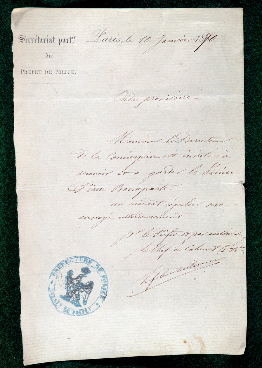 Řád uvěznění pro vrátného prince Pierra Bonaparta (1815-1881) dne 10. od French School