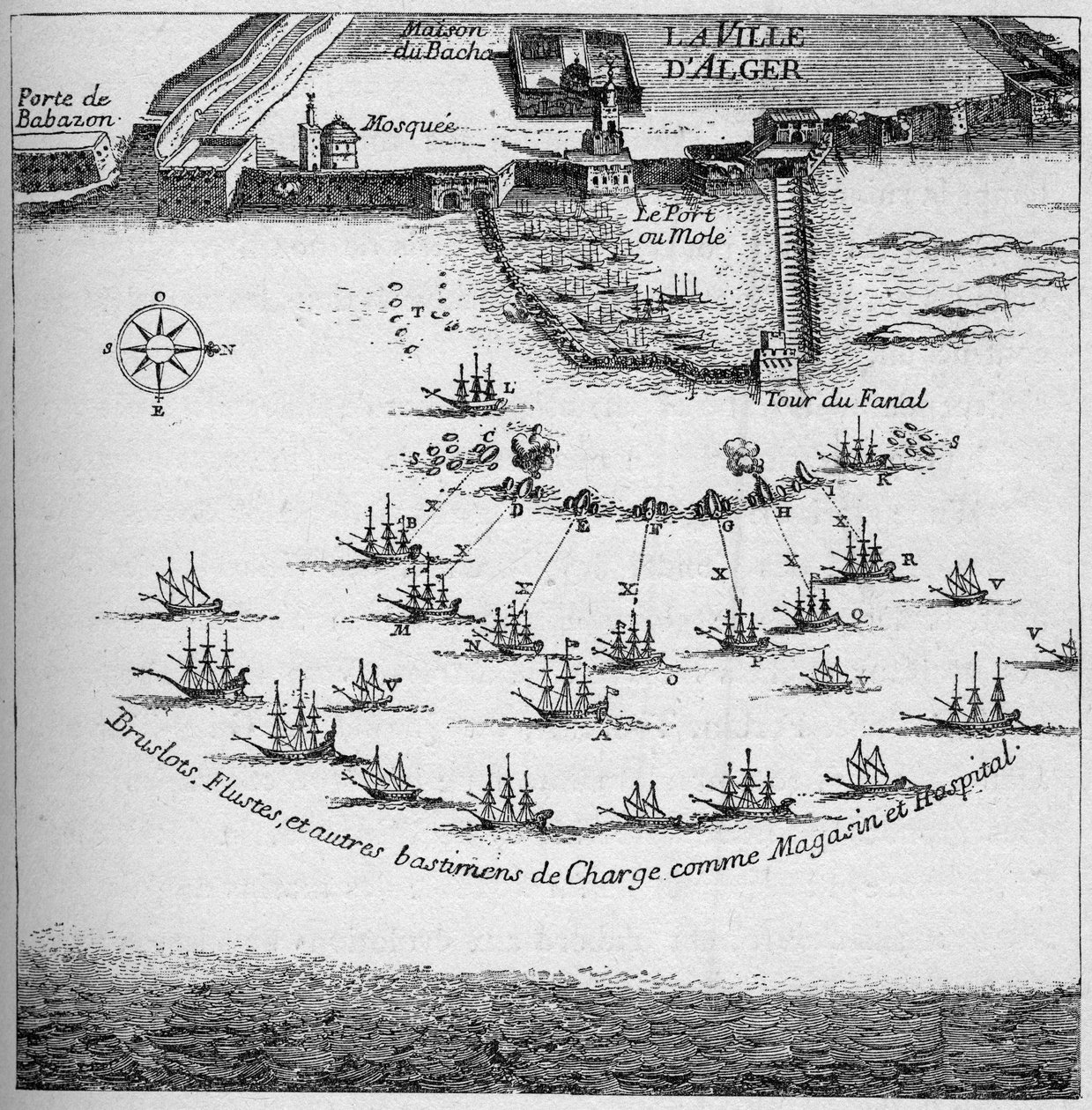 Řád francouzských lodí za útok na Alžír v roce 1683. Rytina v „La Marine et les colonies: commerce“ od French School