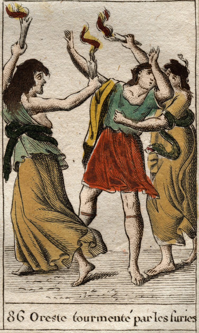 Orestes pronásledovaný Erinyes (nebo Fúrie) za pomstu smrti svého otce Agamemnona zabitím jeho matky Clytemnestra). Z „Mytologie mládí“ od Pierra Blancharda 1803. od French School